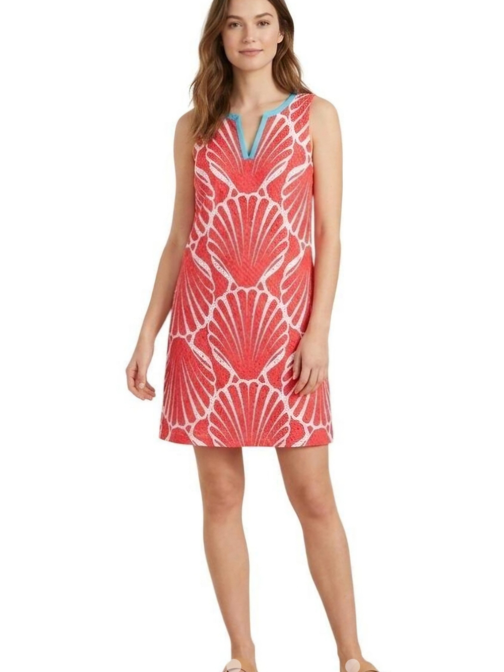 crown & ivy Coral Shell-Print Sleeveless Coverup with Turquoise Trim
